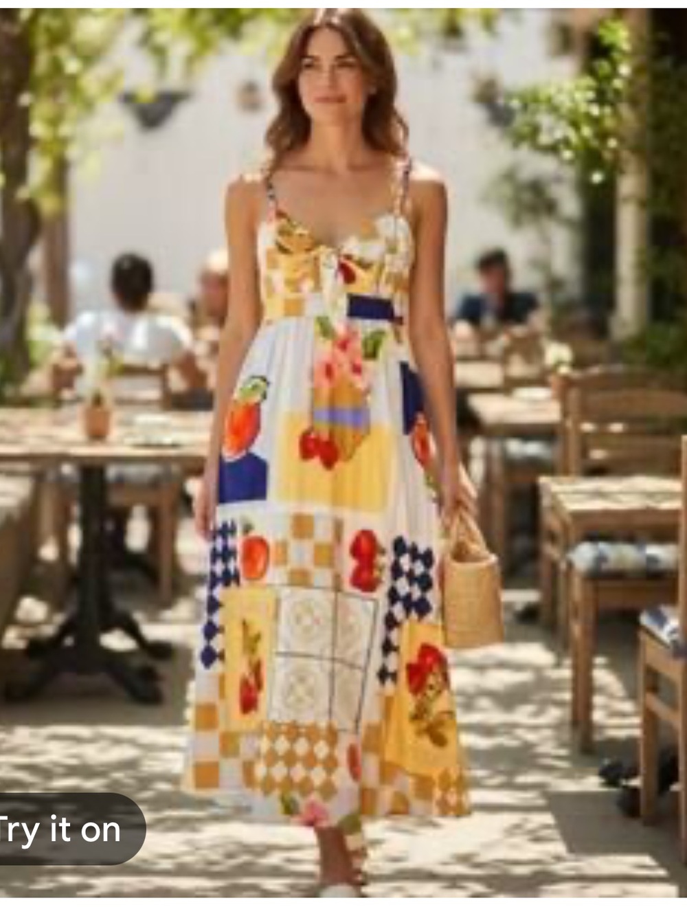 Caroline Constas Cream, Blue & Red Knot-Front Fruit Print Dress